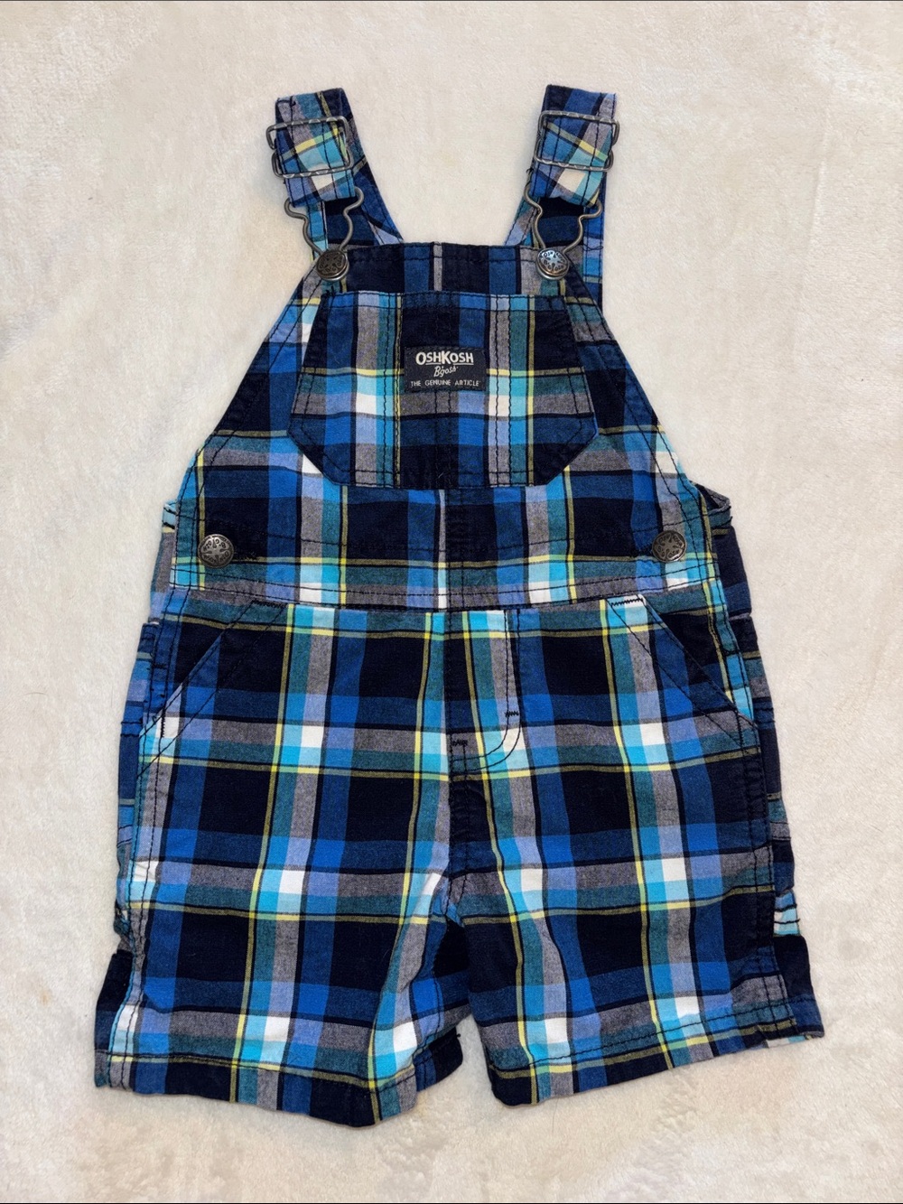 OshKosh B'gosh Blue Plaid Short Overalls with Yellow Accents 9 month baby boy
